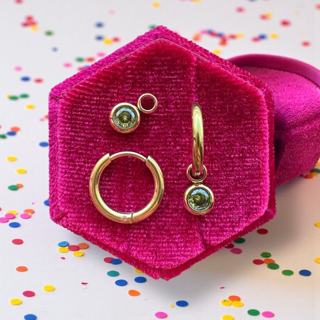 Gold Huggies with August Birthstone Charm