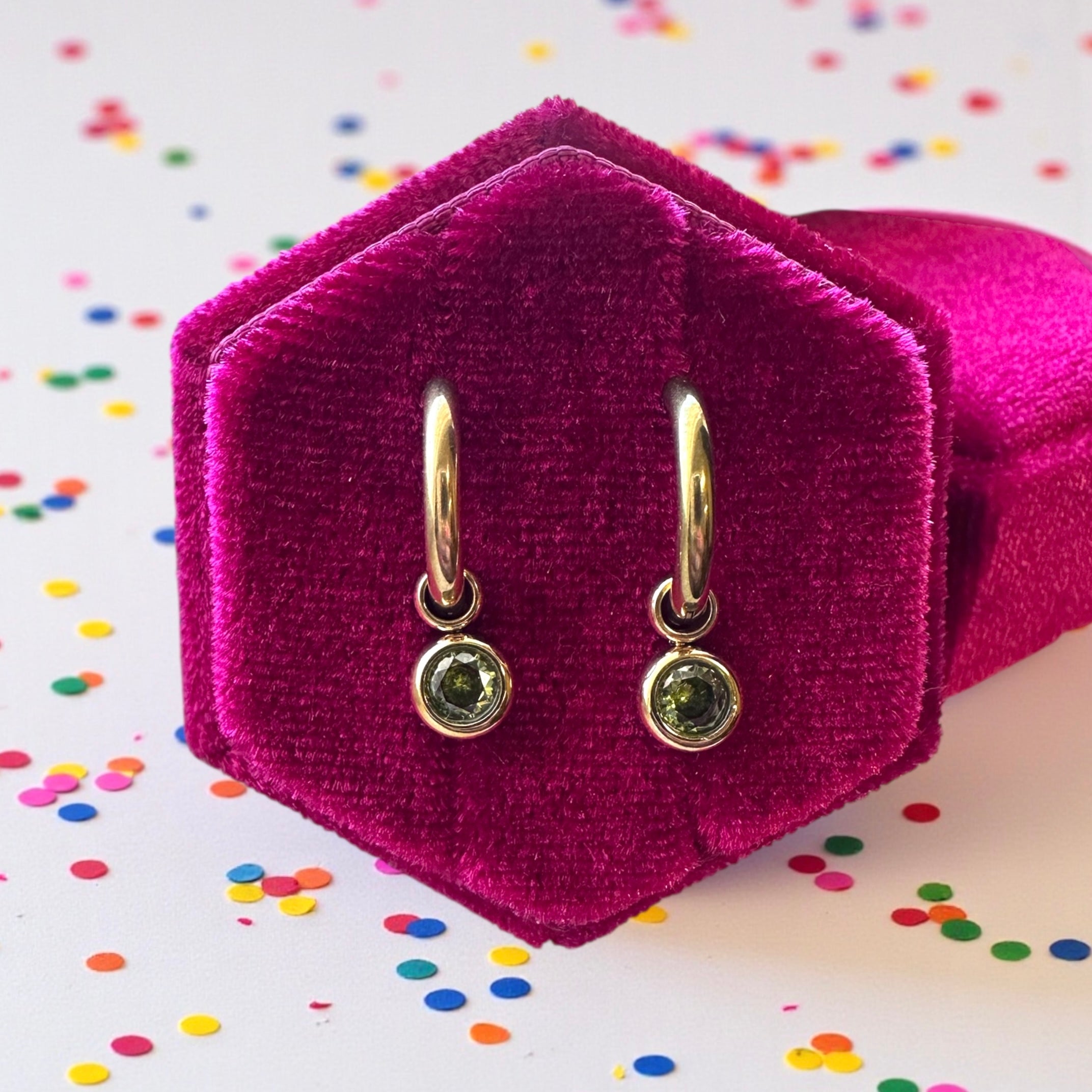 Gold Huggies with August Birthstone Charm