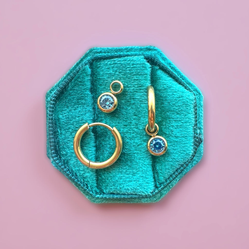 Gold Huggies with September Birthstone Charm