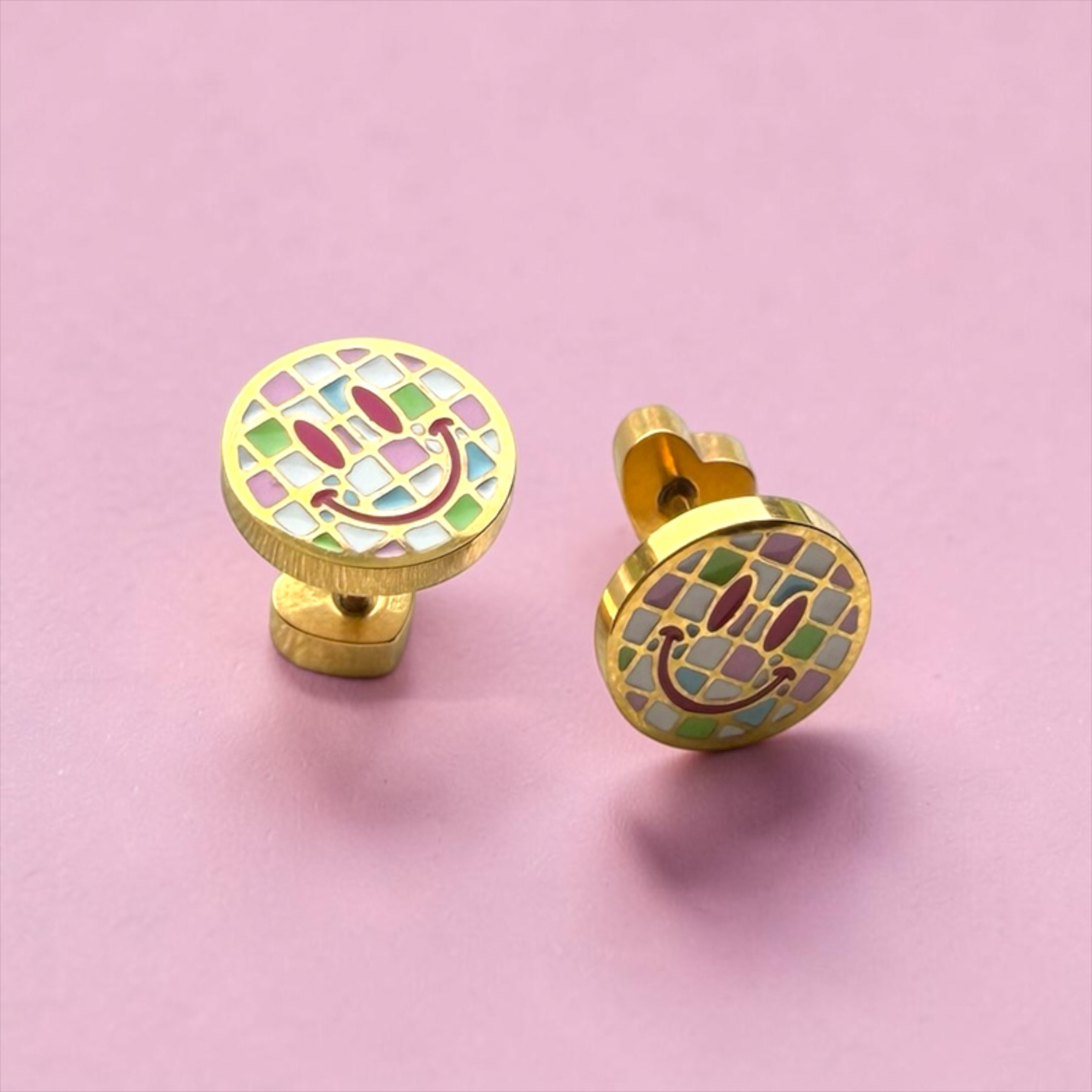 Colorful Checkered Smiley Screwback Stud Earrings