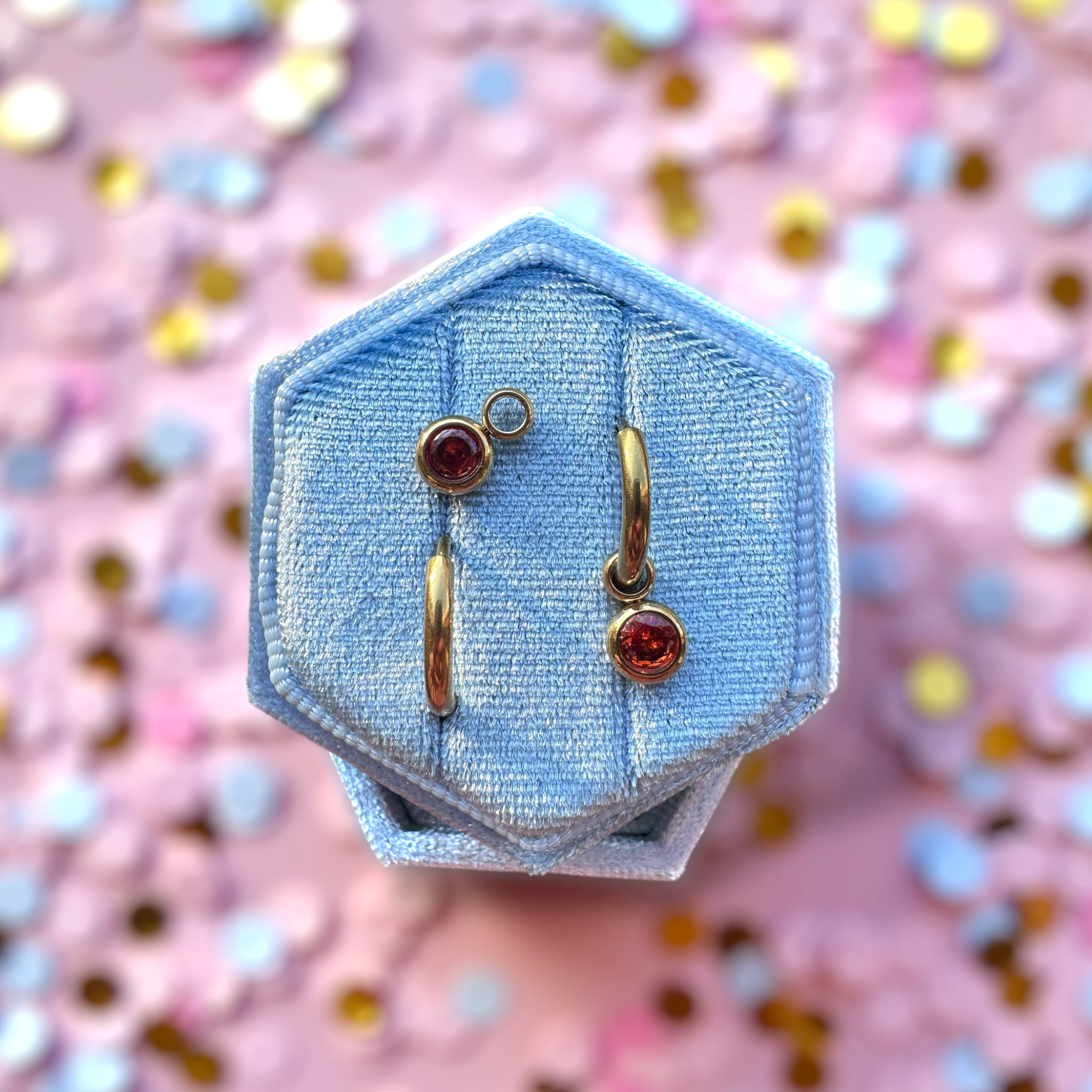 Gold Huggies with January Birthstone Charm