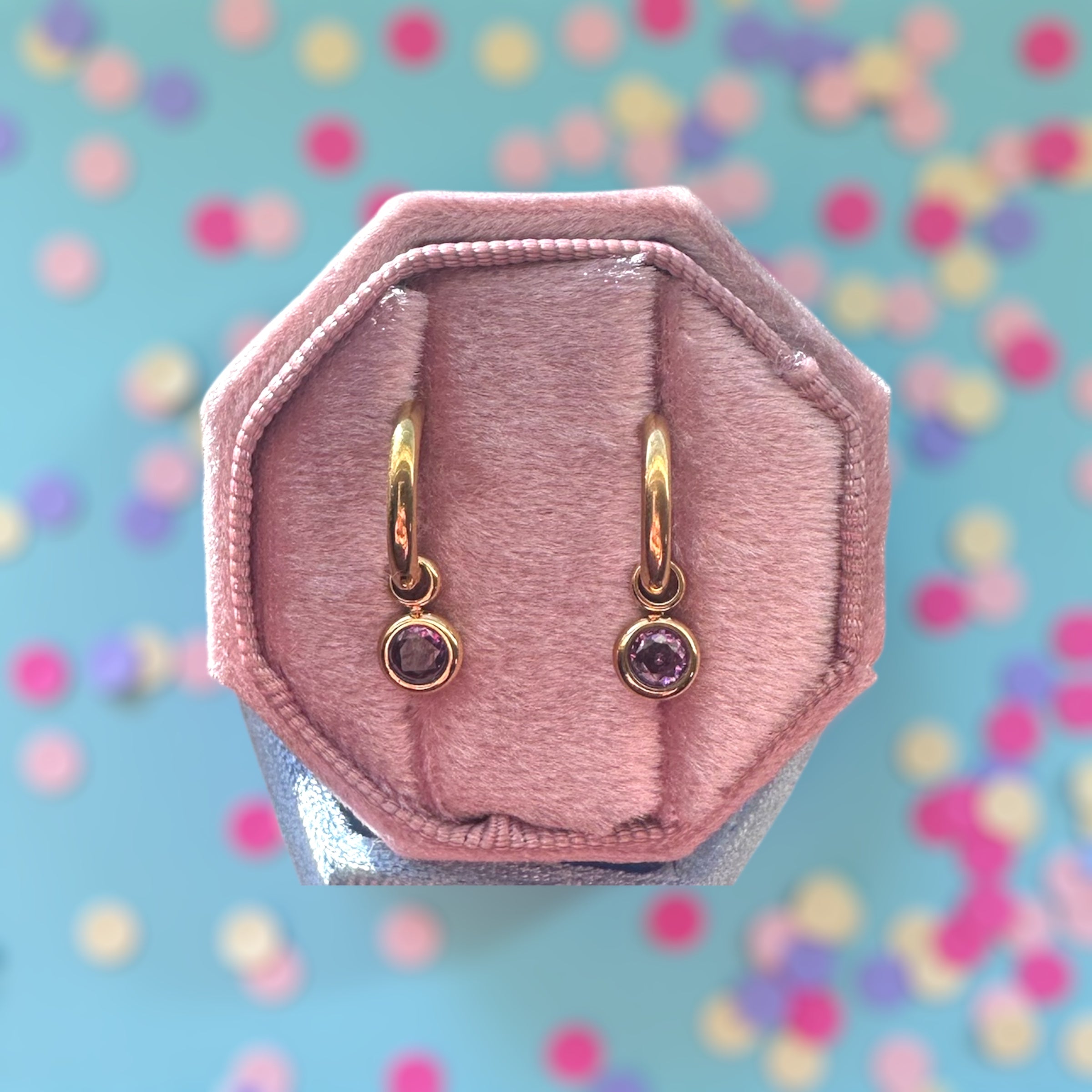 Gold Huggies with February Birthstone Charm