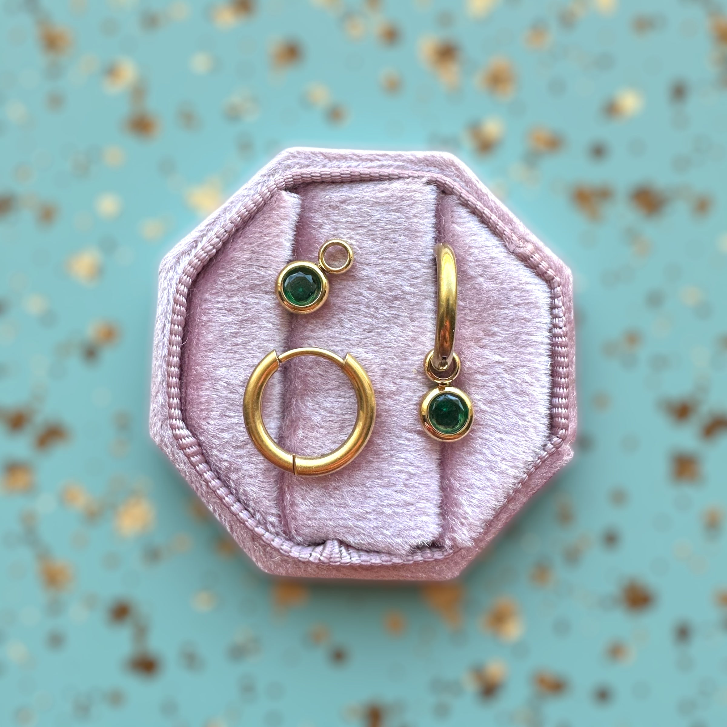 Gold Huggies with May Birthstone Charm
