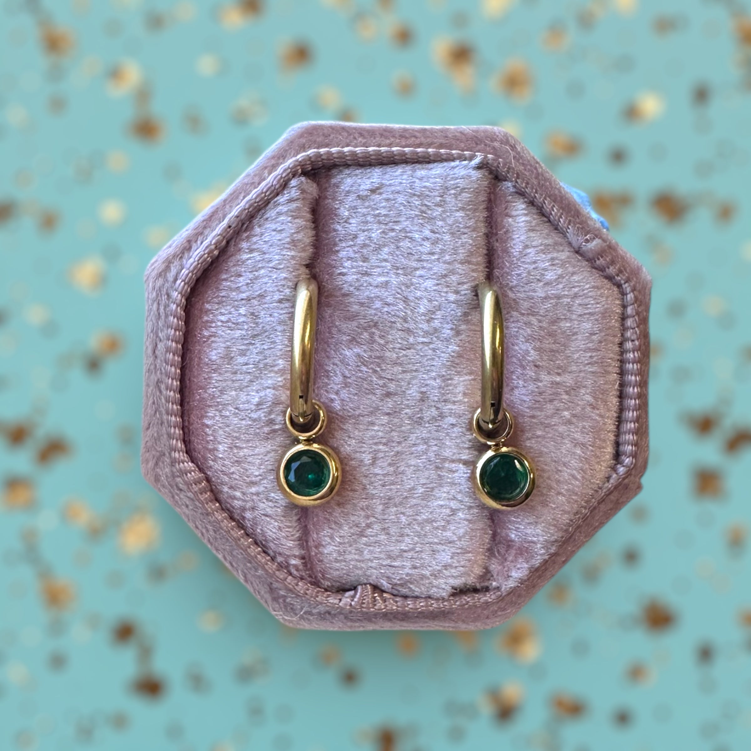 Gold Huggies with May Birthstone Charm