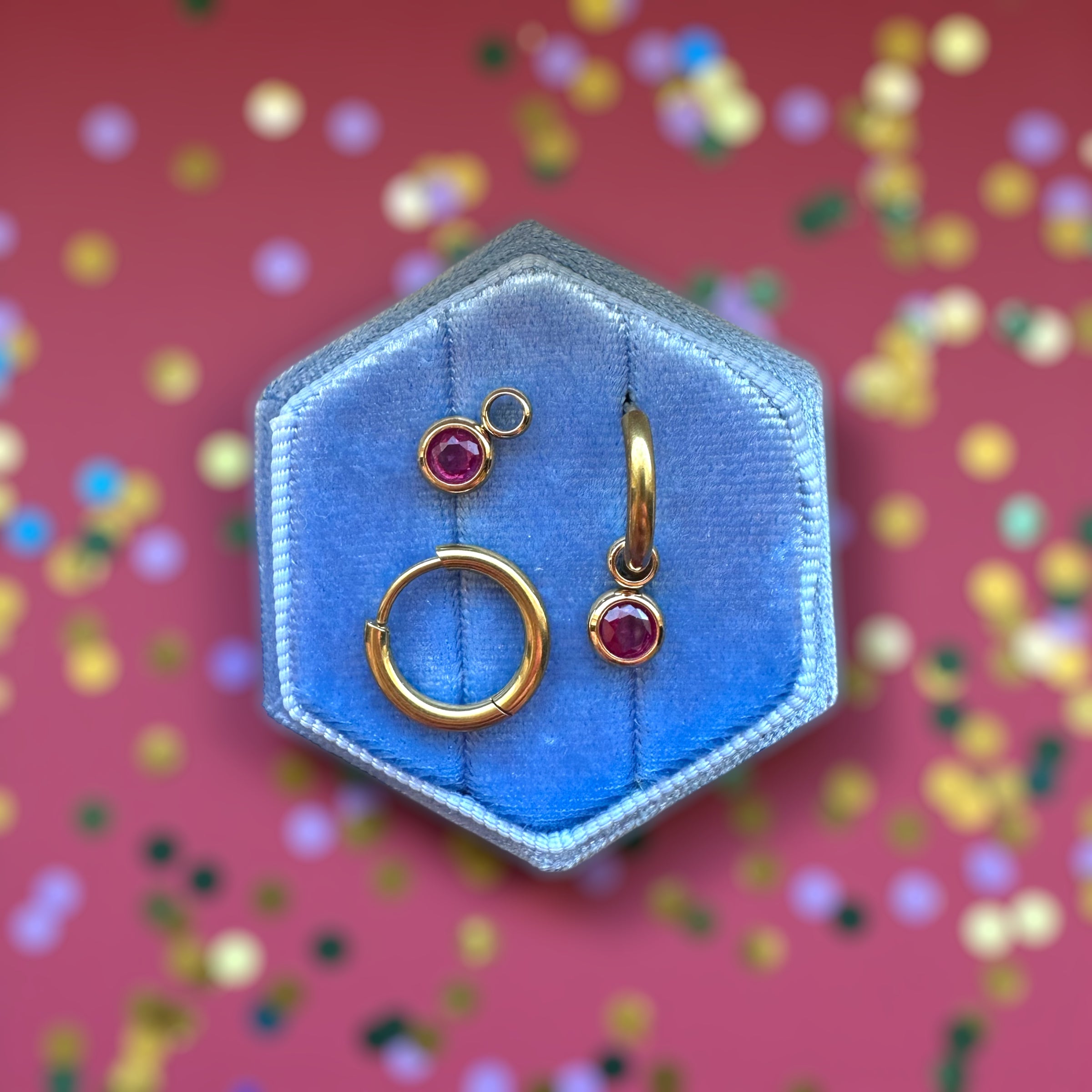 Gold Huggies with July Birthstone Charm