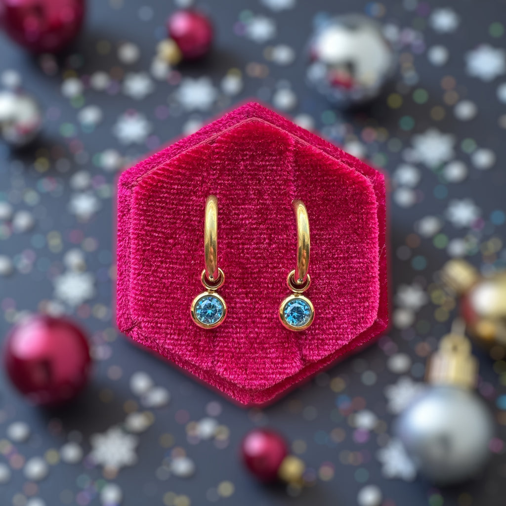 Gold Huggies with December Birthstone Charm
