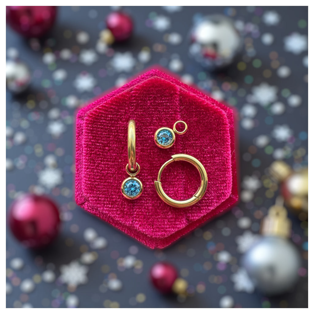 Gold Huggies with December Birthstone Charm